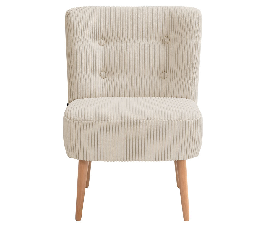 Ein einzelner beiger Cord-Sessel mit Holzbeinen steht vor einem weißen Hintergrund.
