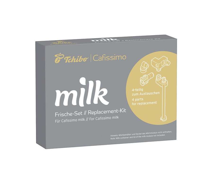 Graue Packung des Cafissimo milk Frische-Sets mit der Aufschrift milk und einer Abbildung von vier Teilen.