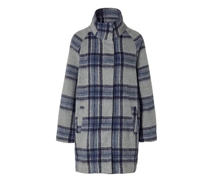Grauer und blauer karierter Mantel mit Stehkragen und langen Ärmeln.