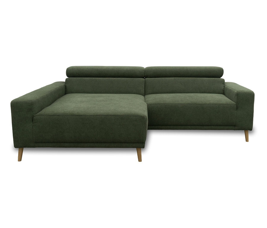 DOMO Sofa Malmö, grün, mit Longchair links, Kopfteilverstellung und Holzfüßen.