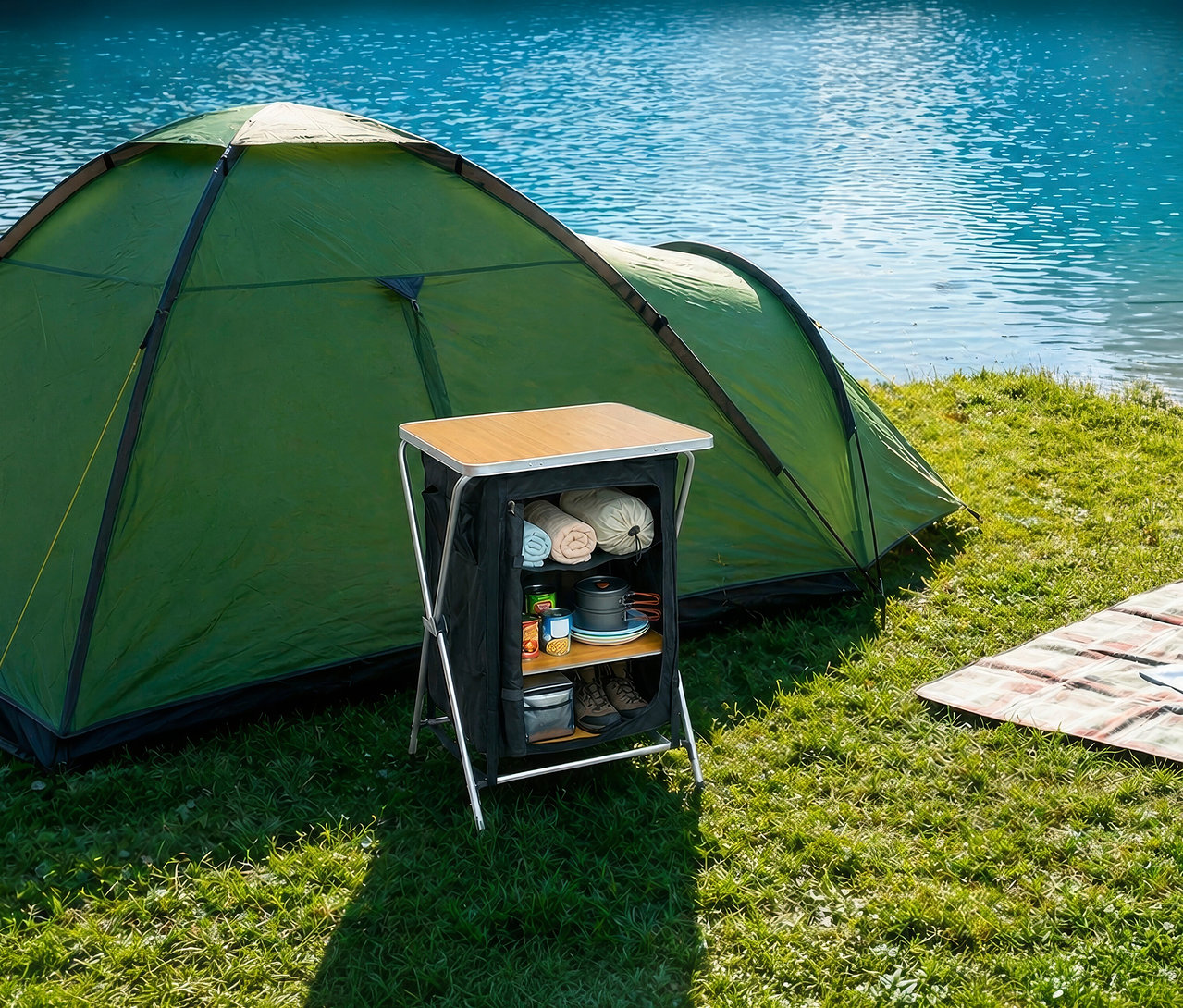 Ein grünes Zelt steht auf grünem Gras an einem blauen See, davor ein Faltbarer Campingtisch mit Stauraum. Der Tisch hat eine helle Holzplatte und schwarze Stoffseiten, die Regale enthalten gerollte Handtücher, Dosen, einen Topf, Teller und Stiefel. Rechts liegt eine karierte Decke auf dem Gras.