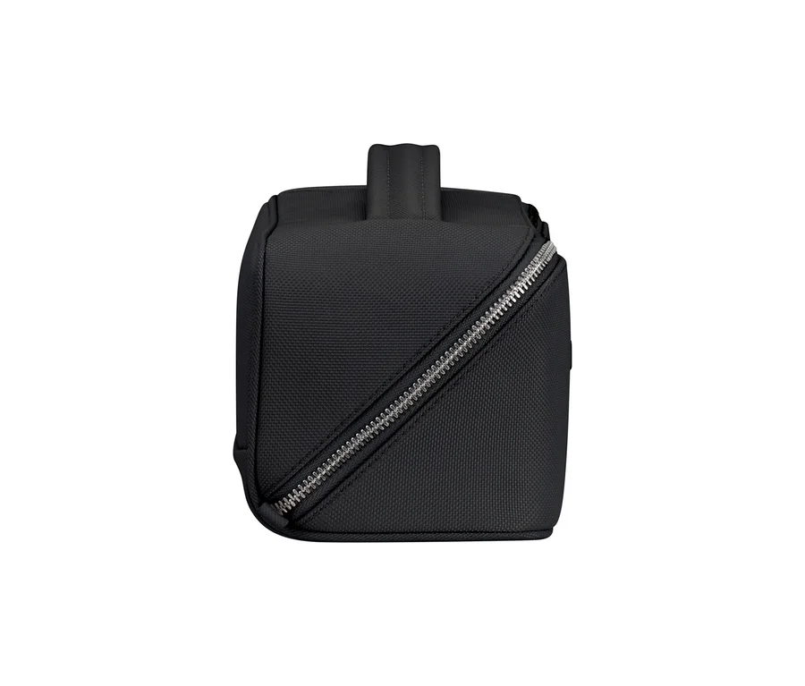 Schwarzes Samsonite IMAGE Toilet Kit Beautycase mit diagonalem silbernem Reißverschluss und Tragegriff oben.