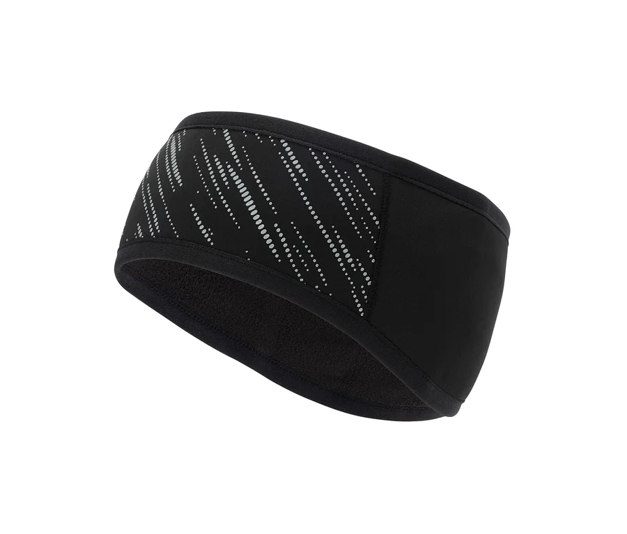 Schwarzes Sportstirnband mit reflektierenden Elementen auf weißem Hintergrund.