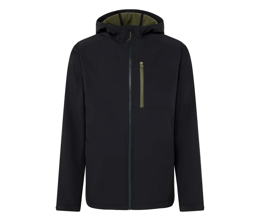 Schwarze Kapuzenjacke mit Reißverschluss in der Mitte.