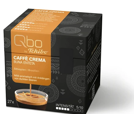 Schwarze Qbo Caffè BUNA ENTETA Kapselpackung mit orangefarbener Banderole, die 27 Kapseln enthält. Eine Tasse mit Kaffee und Crema ist abgebildet, daneben steht "Intensität 5/10".