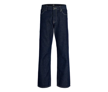 Dunkelblaue Jack&Jones JJOriginal Chris Jeans mit heller Naht, Vorder- und Gesäßtaschen und Knopfverschluss, flach liegend.