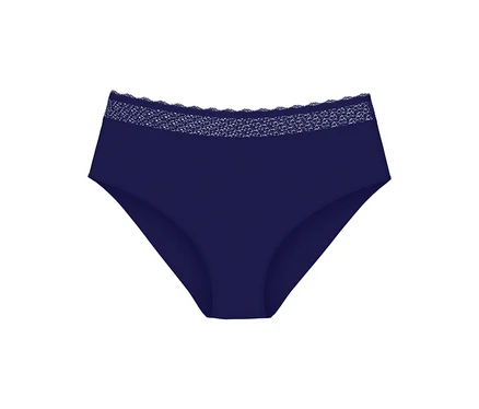 Marineblaue High-Waist-Slips mit zarter Spitzenborte am Bund.