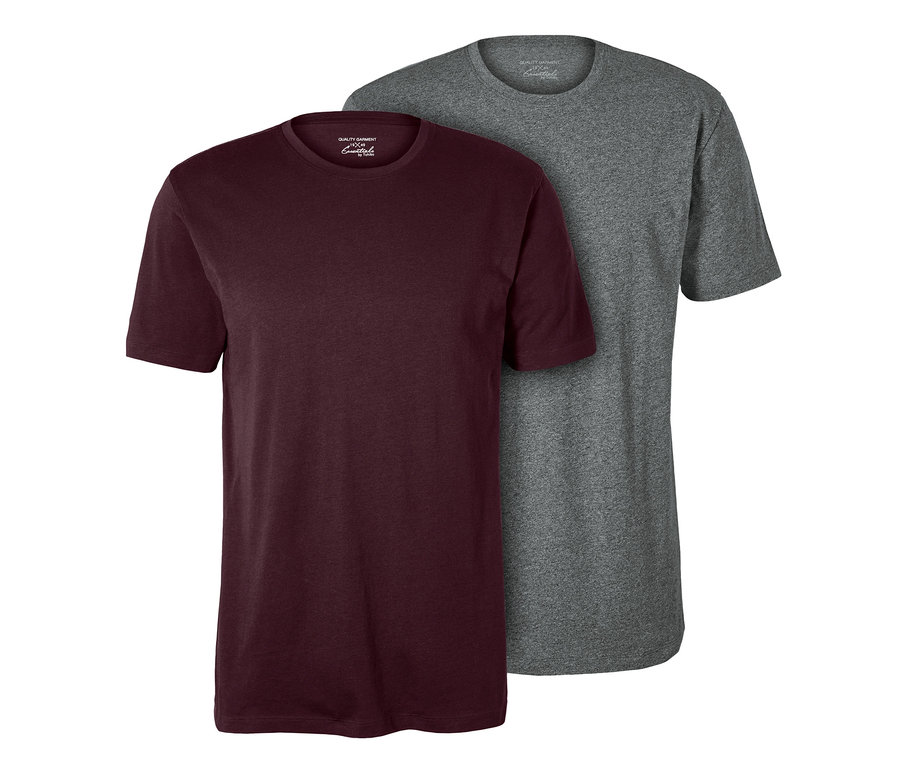 Zwei T-Shirts mit Rundhalsausschnitt, eines in Burgunderrot und eines in Grau.