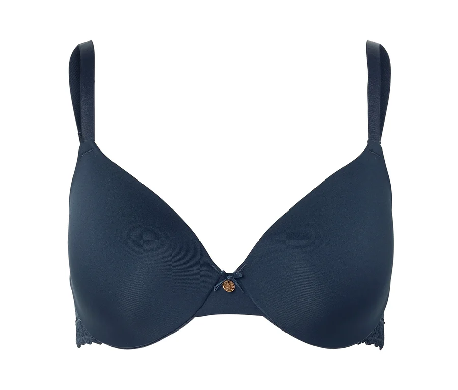 Marineblauer BH mit schmalen Trägern und kleinem Zierdetail in der Mitte.