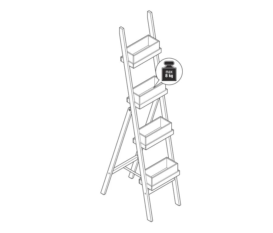 Illustration einer zusammenklappbaren Pflanzleiter mit vier Pflanzkästen.
