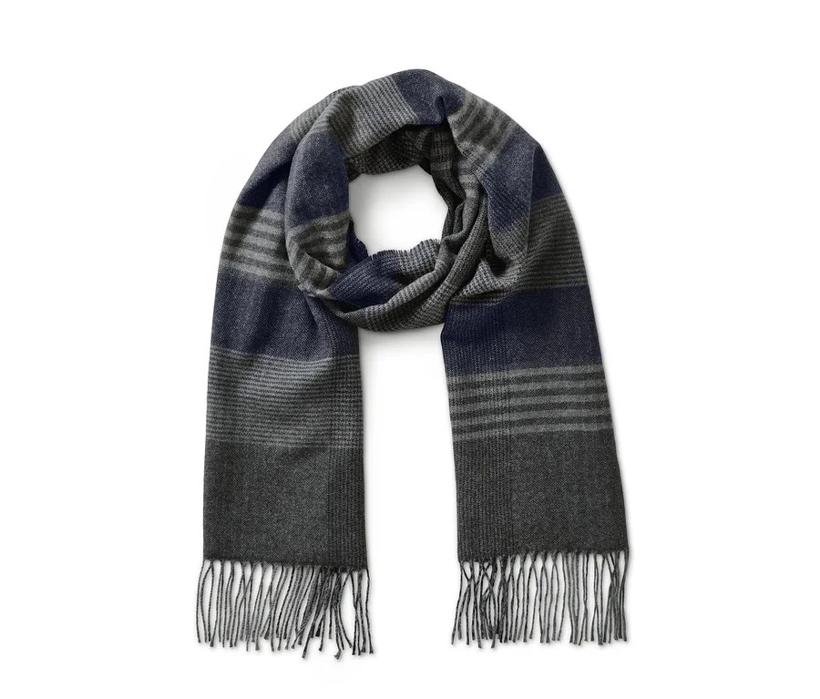 Cashmere-Strickschal mit grauen und blauen Streifen und Fransen.