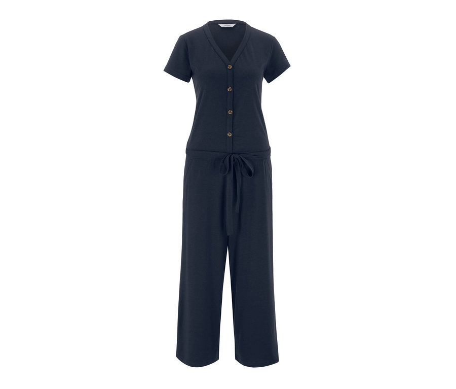 Marineblauer Jumpsuit mit kurzen Ärmeln und Knöpfen.