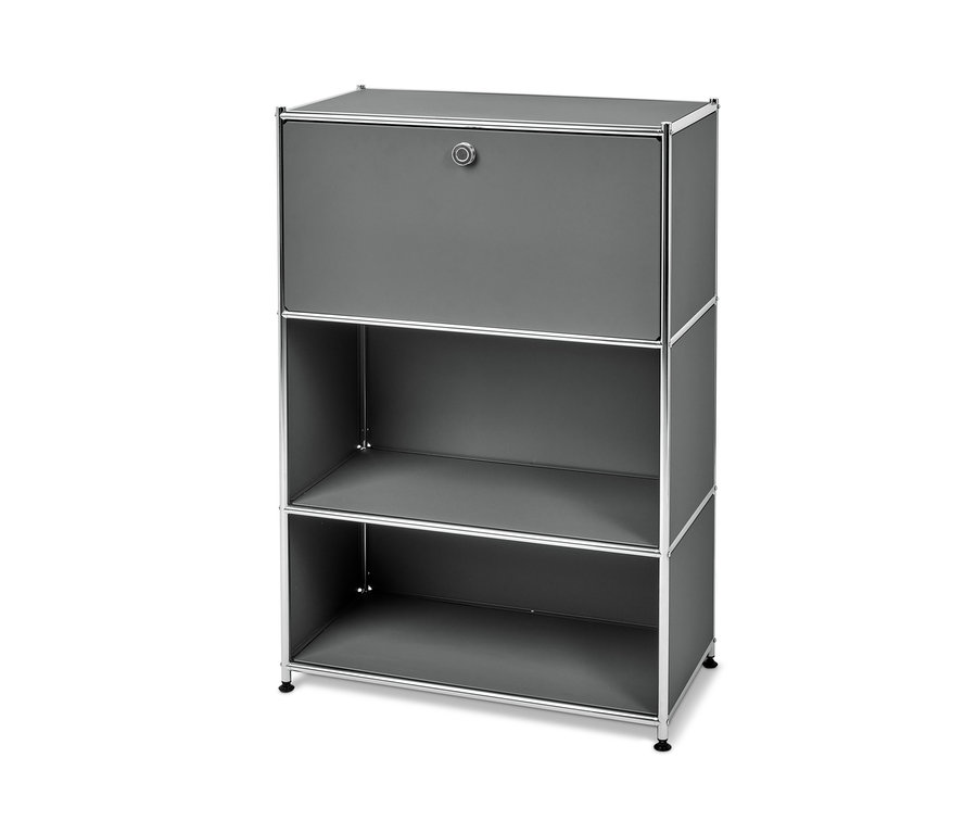 Ein grauer Metall Sekretär »CN3« mit ausklappbarem Tisch und zwei offenen Regalen.