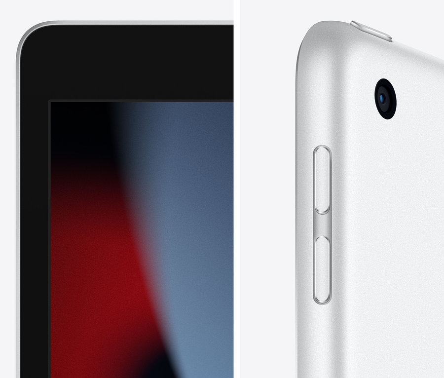Detailansicht eines silberfarbenen Apple iPad 9. Generation mit 64 GB und Wi-Fi.