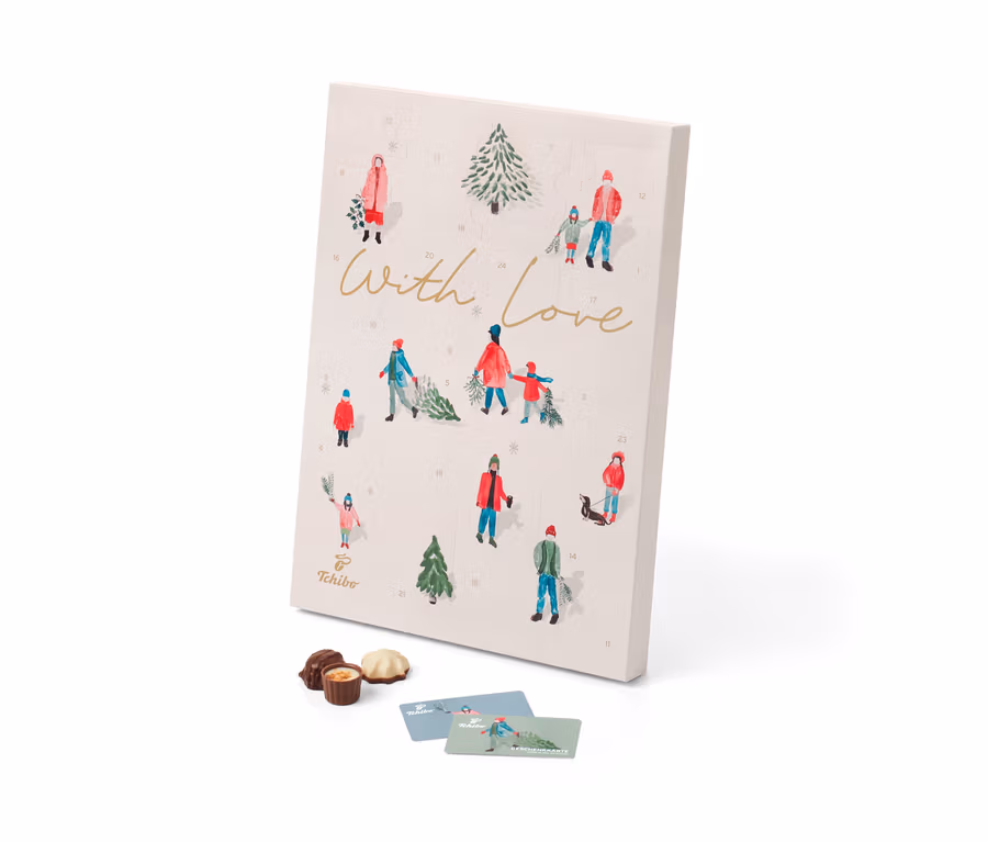 Tchibo Adventskalender mit Abbildungen von Menschen und Weihnachtsbäumen, Pralinen und Geschenkkarten.