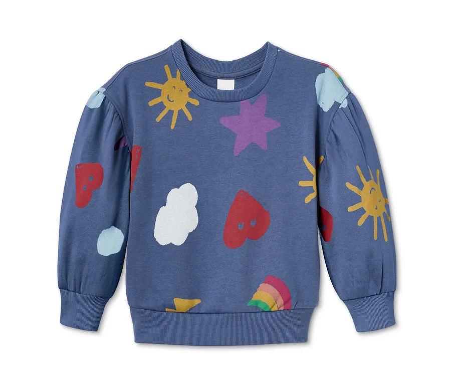 Blaues Sweatshirt aus Bio-Baumwolle mit farbenfrohem Alloverprint.
