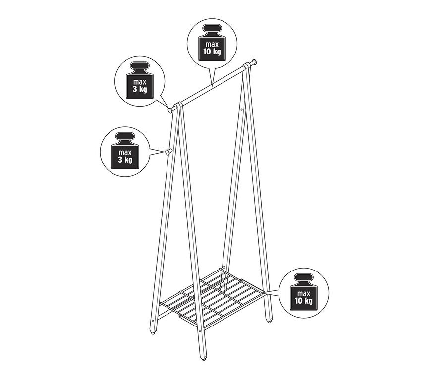 Eine Zeichnung eines klappbaren Massivholz-Kleiderständers, der oben maximal 10 kg und an den Seiten maximal 3 kg tragen kann.