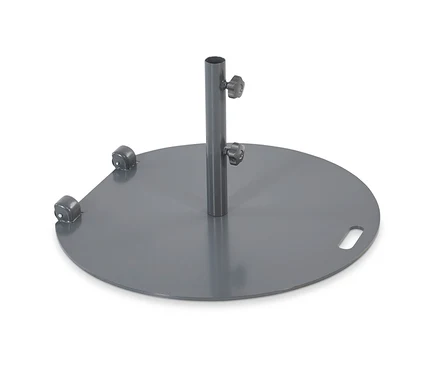 Ein grauer, flacher Leco Sonnenschirmständer, Ø ca. 60 cm, mit Rollen.