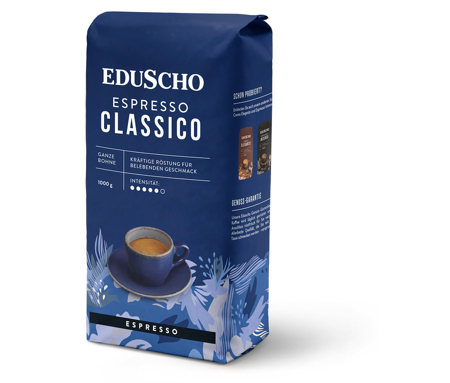 Eine Packung EDUSCHO Espresso Classico mit einer Tasse Espresso auf der Verpackung.