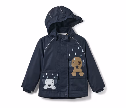 Dunkelblaue Kinder-Thermo-Regenjacke mit Kapuze und Hundemotiv.