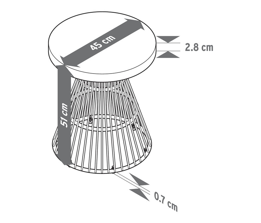 Abbildung eines Beistelltisches mit Polyzement-Tischplatte und Textilgeflecht. Abmessungen: 51 cm hoch, 45 cm Durchmesser, Tischplattenstärke 2,8 cm, Höhe der Füße 0,7 cm.