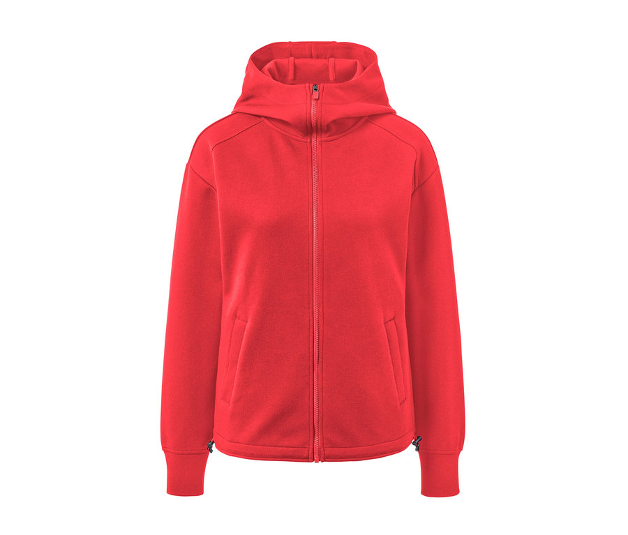 Rote Kapuzen-Sweatjacke mit Reißverschluss in der Mitte.