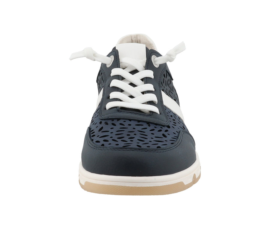 Detailaufnahme des Romika Sneakers, PU navy, von vorne.
