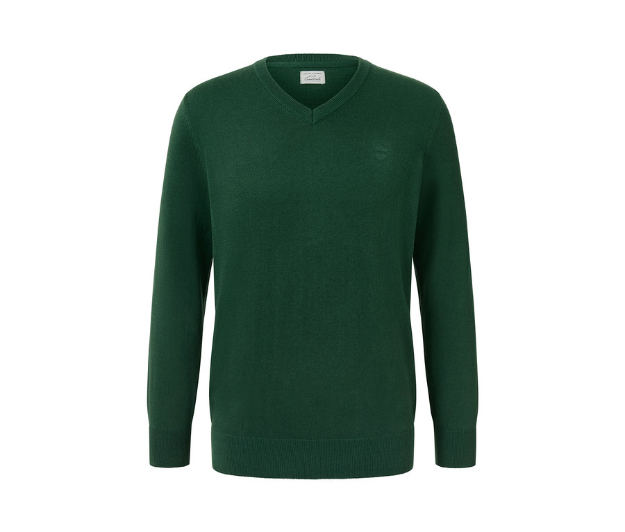 Dunkelgrüner Pullover mit V-Ausschnitt.