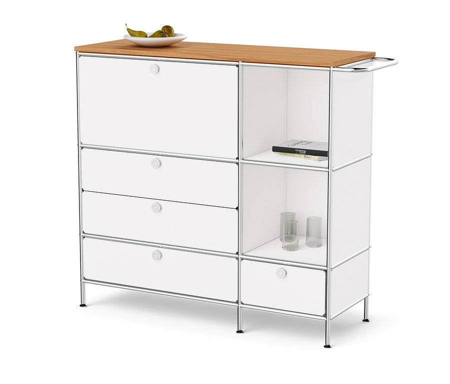 Weißes Sideboard Metall »CN3« mit Holzplatte, einem Klappenfach und vier Schubladen.
