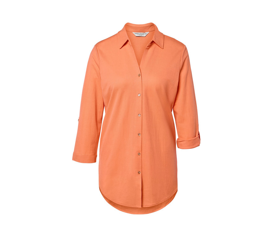 Pfirsichfarbene Piqué-Jerseybluse mit Dreiviertelärmeln.