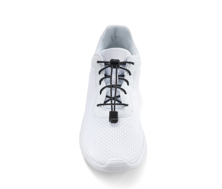 Weißer Schuh mit schwarzen elastischen Schnürsenkeln.