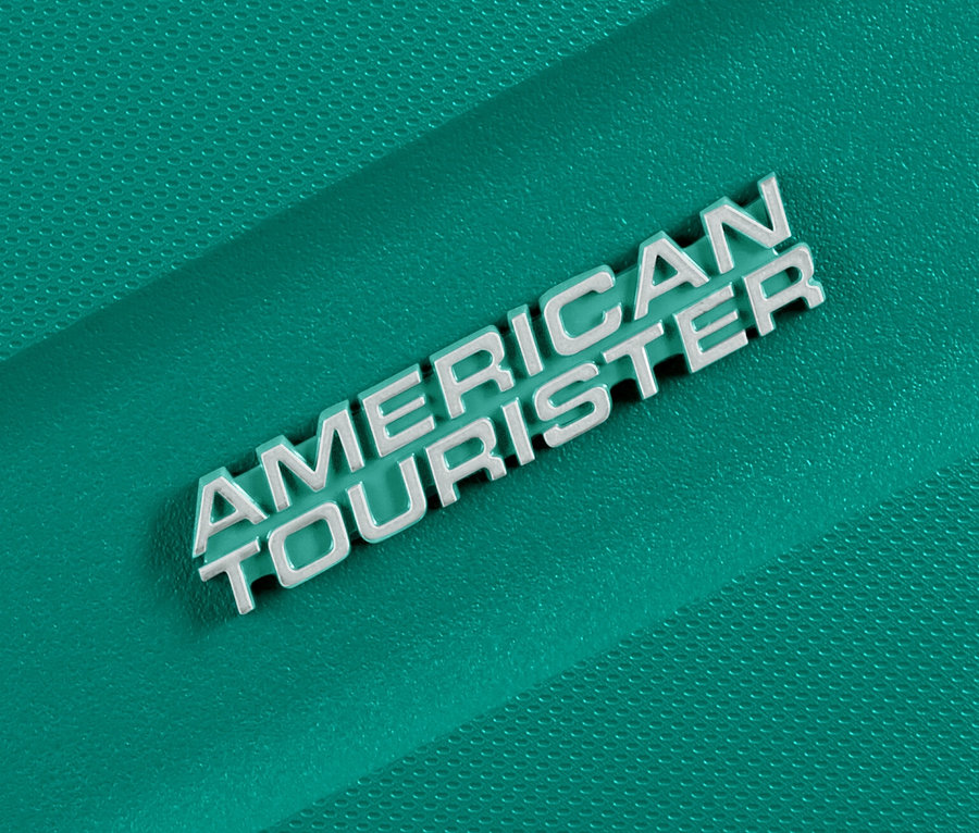 Detailansicht eines sportlichen, mittelgroßen, blaugrünen American Tourister Jetdriver 3.0 Koffers.
