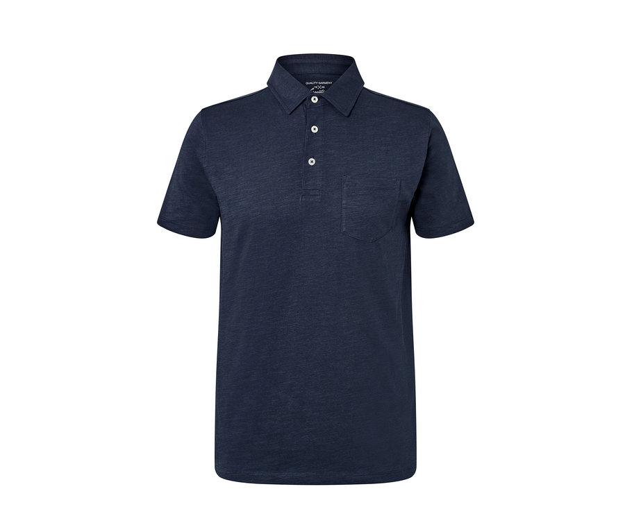 Marineblaues Jersey-Poloshirt mit kurzen Ärmeln und Brusttasche.