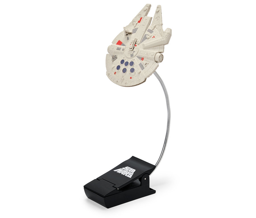 Millennium Falcon Lampe an einem Clip befestigt.