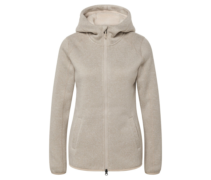Beige Fleecejacke mit Kapuze und Reißverschluss in der Mitte.