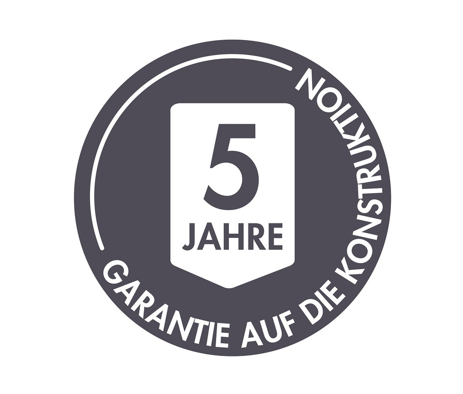 Grauer Kreis mit weißem Schild und der Ziffer 5 für 5 Jahre Garantie.