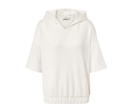 Cremeweißer Hoodie aus Modal-Mix mit kurzen Ärmeln.