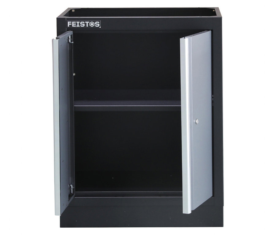 Ein schwarzer FEISTOS Werkzeugschrank »Apollo 1« mit offenen silbernen Türen.