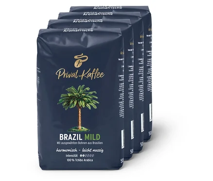 Vier Packungen Privat Kaffee Brazil Mild - 4x 500 g Ganze Bohne.