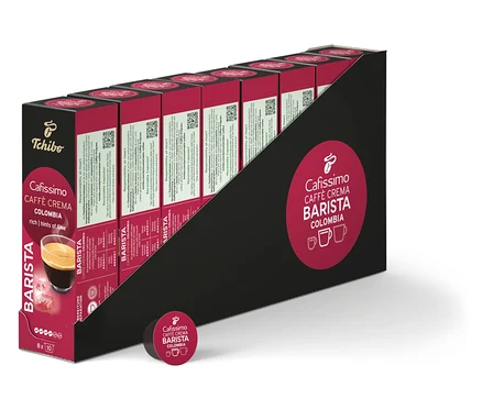 Eine Packung Cafissimo Barista Colombia Kaffeekapseln. Die Kapseln sind in einer schwarzen Verpackung angeordnet. Zu sehen ist auch RA CFM CC Colombia.