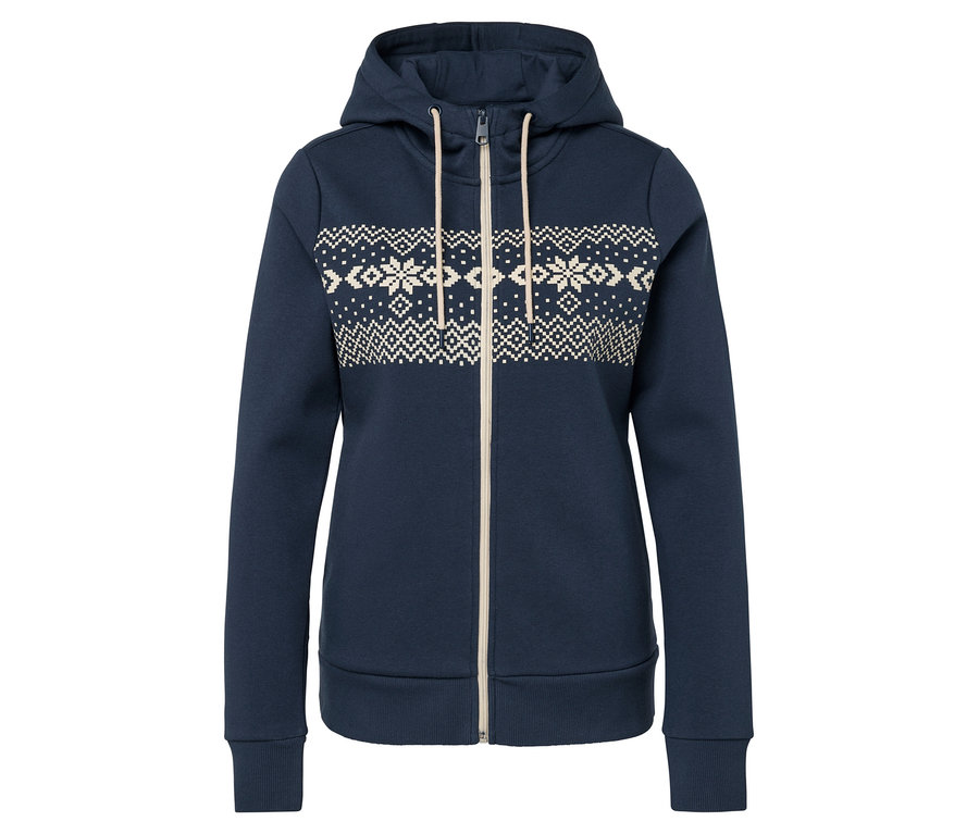 Marineblaue Kapuzenjacke mit Reißverschluss und weißem Muster.