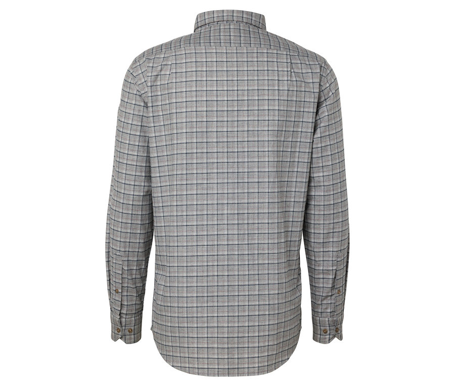 Rückansicht eines langärmeligen karierten Hemdes.