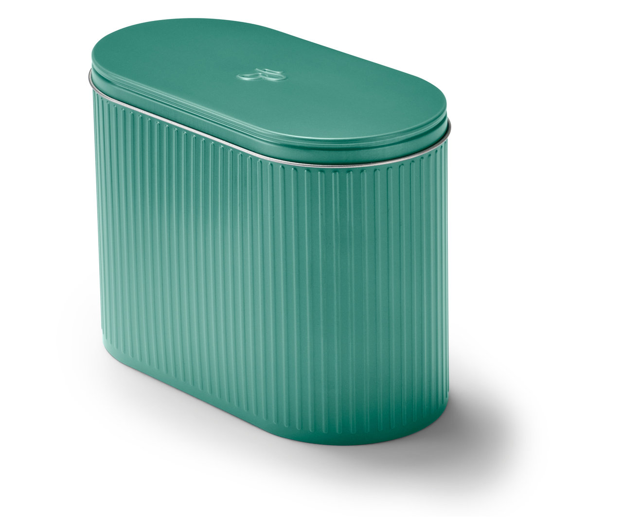 Türkise Paddose mit vertikalen Rillen und ovalem Deckel.