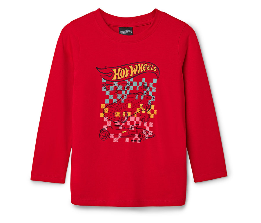 Rotes Langarmshirt mit Hot Wheels Logo und Rennwagen-Grafik.