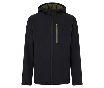 Schwarze Kapuzenjacke mit Reißverschluss in der Mitte.