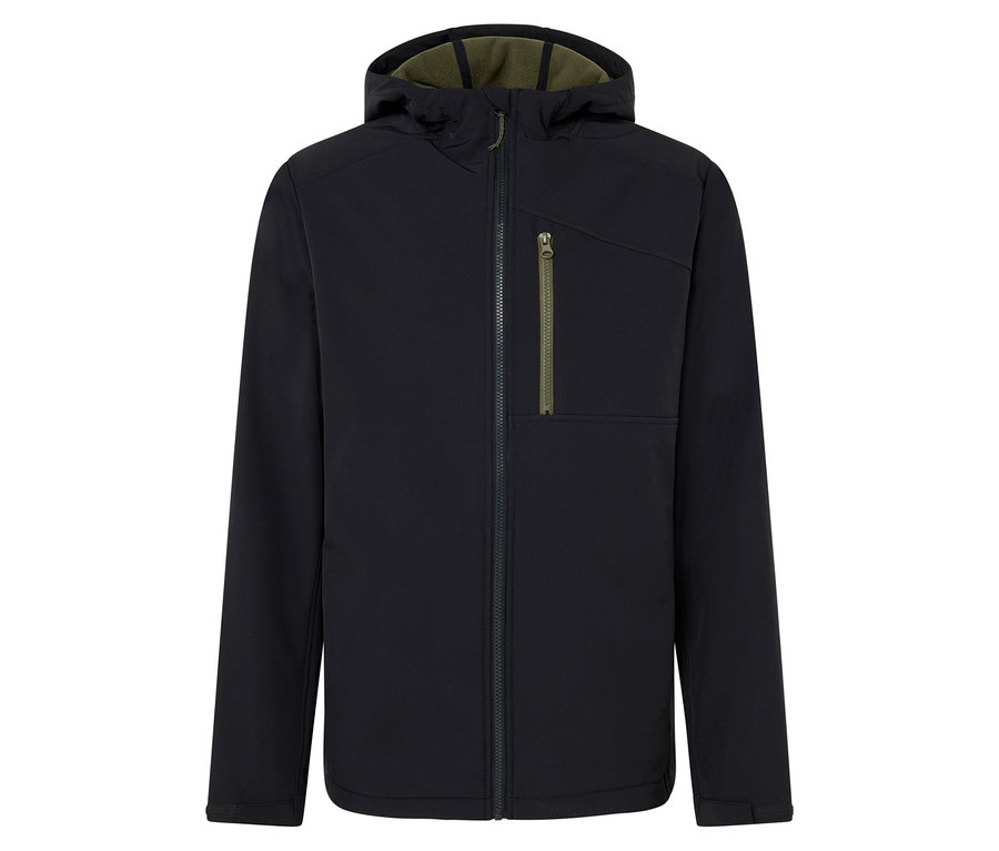 Schwarze Kapuzenjacke mit Reißverschluss in der Mitte.