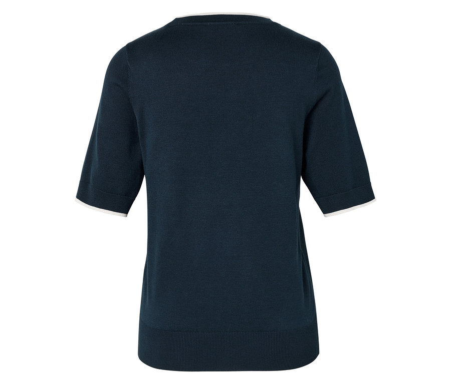 Dunkelblaues Strickoberteil mit kurzen Ärmeln und weißem Saum.