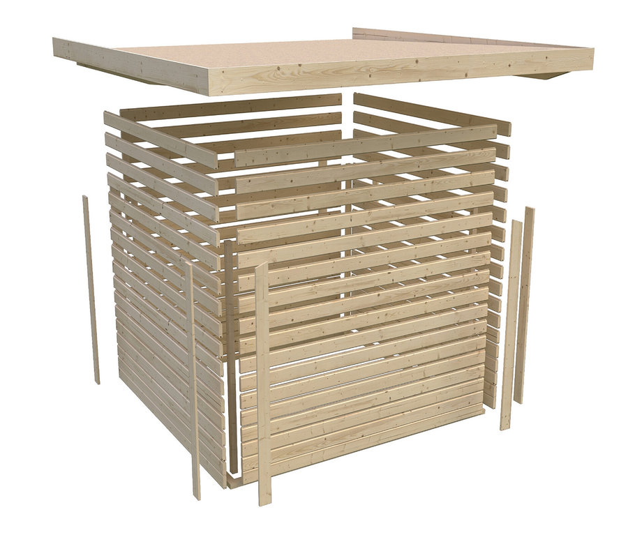 Eine auseinandergebaute Konstruktion eines Gartenhauses aus Holz.