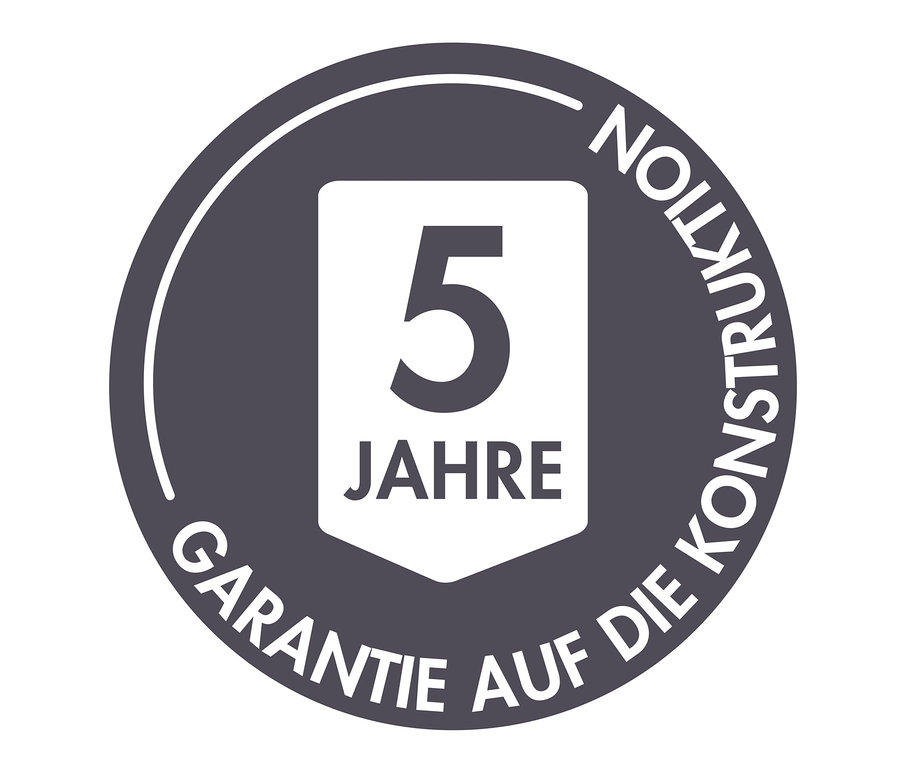 Grauer Kreis mit dem weißen Text „GARANTIE AUF DIE KONSTRUKTION“ und der Zahl 5.