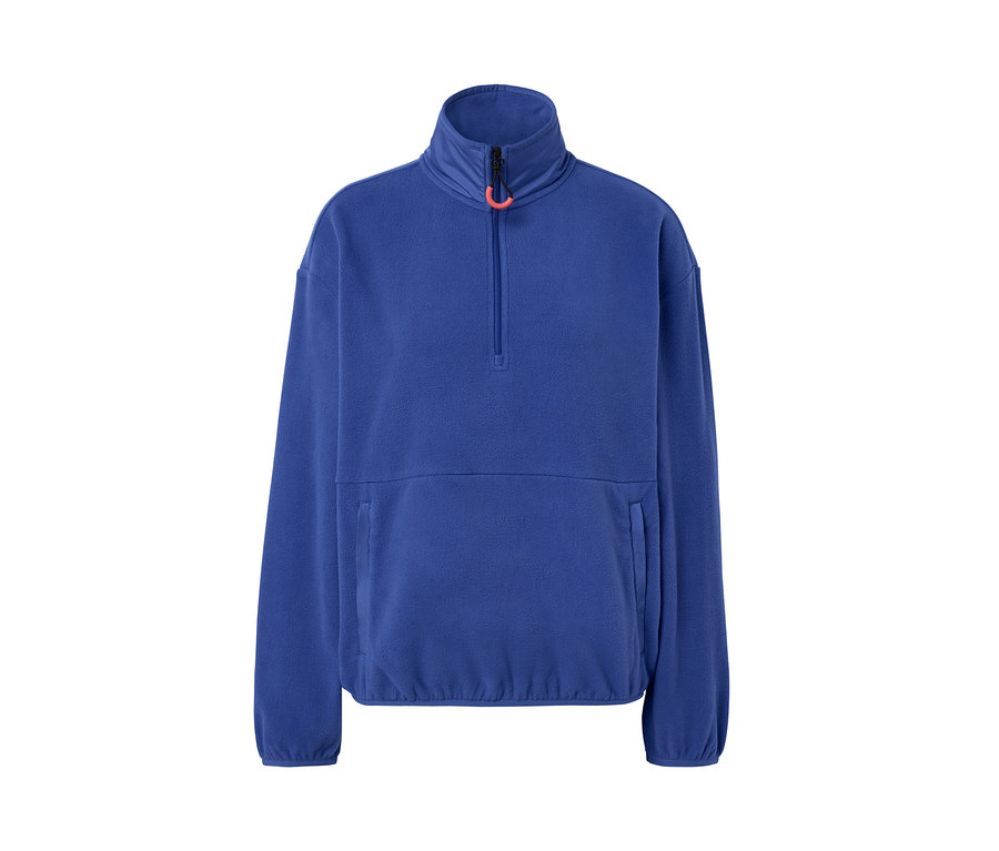 Blauer Fleecepullover mit kurzem Reißverschluss und Taschen.